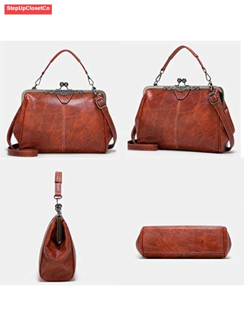 Women Retro Kiss Lock Handbag Satchel PU Leather Shoulder Crossbody Tote - Picture 3 of 6